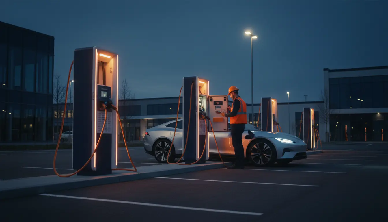 Estação de carregamento veicular elétrico em estacionamento comercial ao entardecer