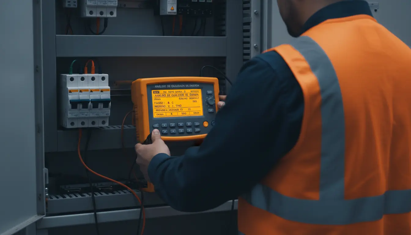 Engenheiro realizando análise de qualidade de energia em quadro elétrico industrial