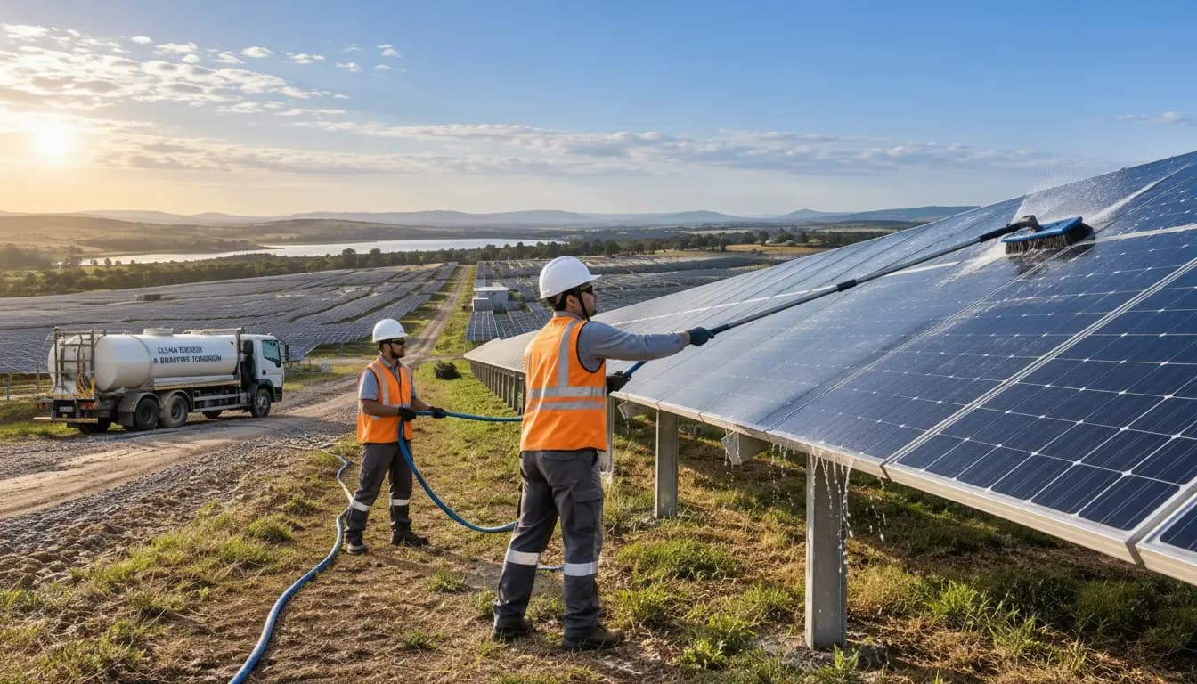 Técnicos realizando manutenção em parque solar de grande porte