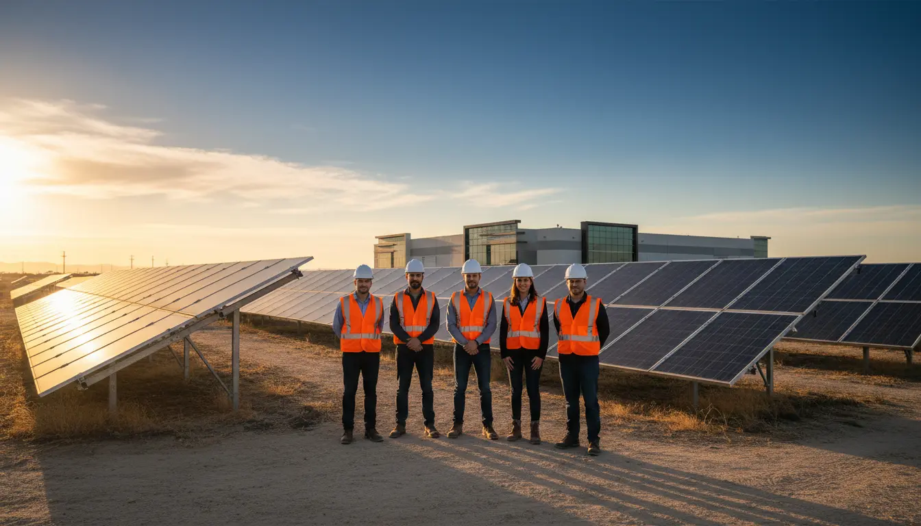 Equipe de engenheiros e técnicos da NordUP em usina solar, vestindo coletes laranja e capacetes